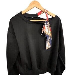 Womens Pullover Sweatshirt Size S Black Crew Neck Chain Print Scarf Tie